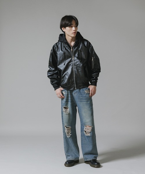 セール】Layered-Style Hooded Leather Jacket / レイヤード風 フード