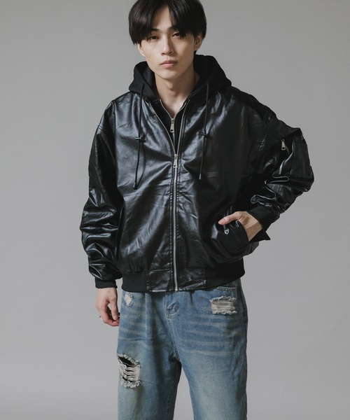 Theater code（シアターコード）の「Layered-Style Hooded Leather Jacket / レイヤード風 フード付き レザーブルゾン（MA-1・メンズ・ブラック/カーキ/チャコール・M/L）」の8枚目の写真