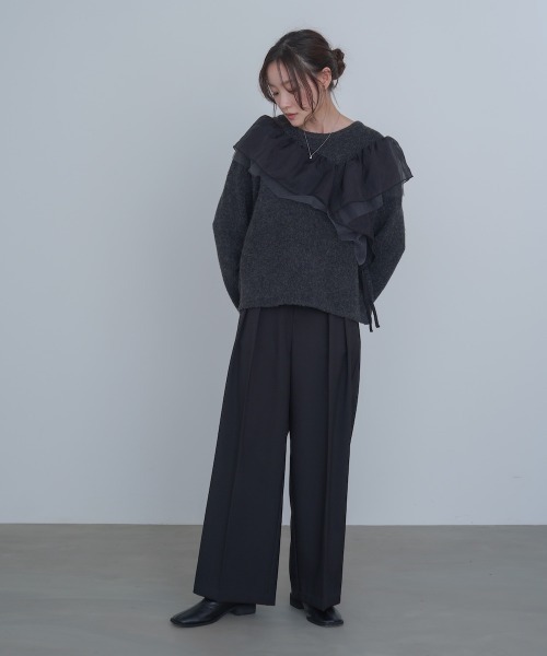 Bab(バブ)の「アシンメトリーフリルニットトップス(ニット/セーター・レディース・チャコールグレー/アイボリー/ブラウン・FREE)」の14枚目の写真