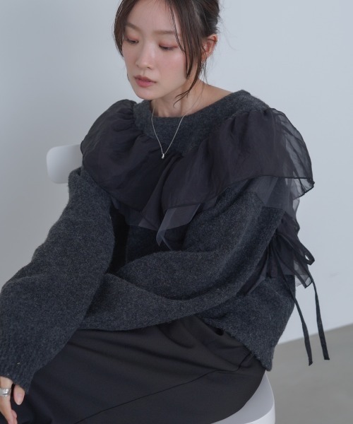 Bab(バブ)の「アシンメトリーフリルニットトップス(ニット/セーター・レディース・チャコールグレー/アイボリー/ブラウン・FREE)」の18枚目の写真