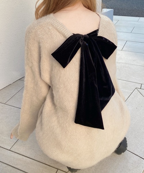 セール】バックベロアリボンシャギーチュニックニット（ニット