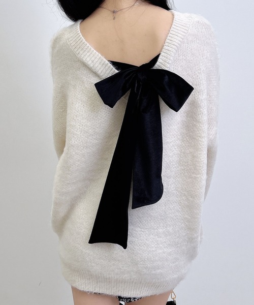 バックベロアリボンシャギーチュニックニット（ニット/セーター