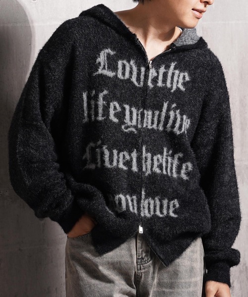 1111clothing(ワンフォークロージング)の「シャギーニット レタリング ジップパーカー / Shaggy Knit Lettering Zip Hoodie(ニット/セーター・メンズ・グレー/ブラック/ブラウン・M/L)」の2枚目の写真