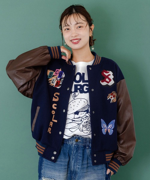 セール】153686：メルトン×合皮 異素材切替スタジャン（スタジャン