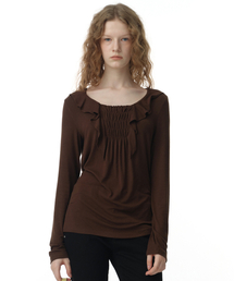 MILLO WOMEN（ミロウーマン）の「Ruffle Shirring T-Shirts [Brown]（Tシャツ/カットソー・レディース）」