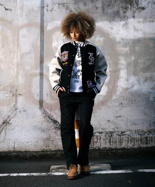 セール】MAJESTIC x EXAMPLE VARSITY JACKET(スタジャン)|EXAMPLE セール】MAJESTIC x EXAMPLE VARSITY JACKET(スタジャン)|EXAMPLE