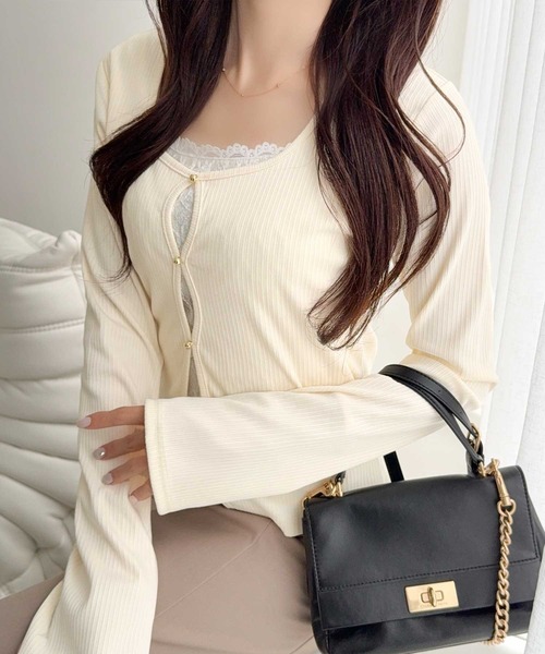 mily bilet（ミウィビレット）の「【mily bilet】重ね着風デザインで華やかに♪ レースキャミ×カーデ フェイクレイヤードトップス（Tシャツ/カットソー・レディース・ピンク/アイボリー/ブラック/グレー・X-LARGE/SMALL/MEDIUM/LARGE）」の22枚目の写真