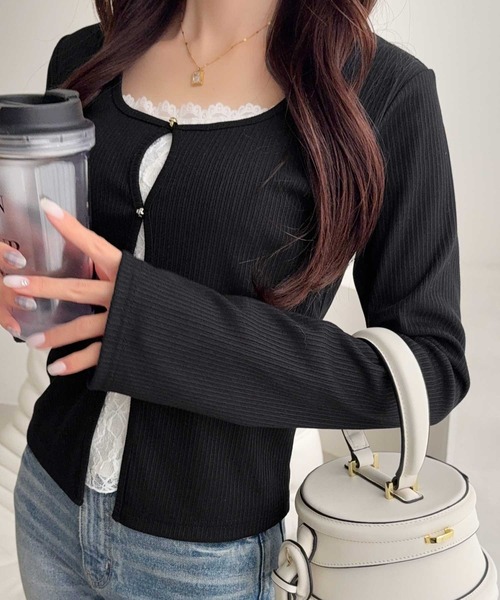 mily bilet（ミウィビレット）の「【mily bilet】重ね着風デザインで華やかに♪ レースキャミ×カーデ フェイクレイヤードトップス（Tシャツ/カットソー・レディース・ピンク/アイボリー/ブラック/グレー・X-LARGE/SMALL/MEDIUM/LARGE）」の16枚目の写真