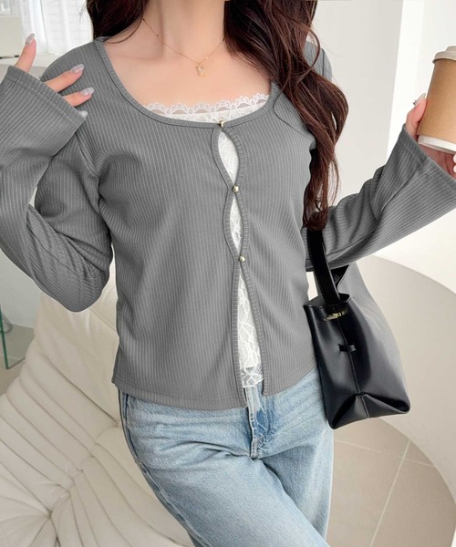 mily bilet（ミウィビレット）の「【mily bilet】重ね着風デザインで華やかに♪ レースキャミ×カーデ フェイクレイヤードトップス（Tシャツ/カットソー・レディース・ピンク/アイボリー/ブラック/グレー・X-LARGE/SMALL/MEDIUM/LARGE）」の19枚目の写真