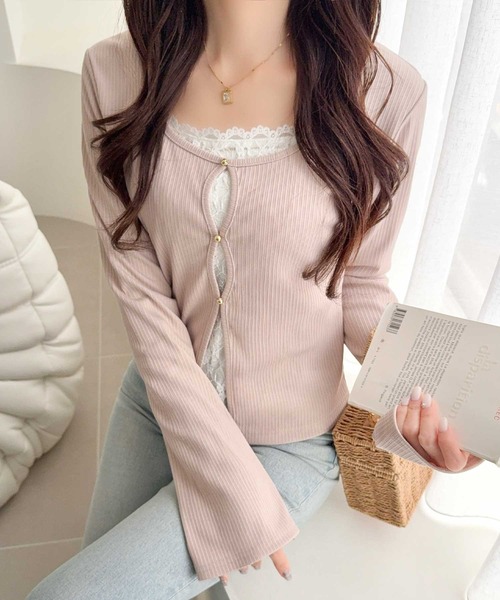 mily bilet（ミウィビレット）の「【mily bilet】重ね着風デザインで華やかに♪ レースキャミ×カーデ フェイクレイヤードトップス（Tシャツ/カットソー・レディース・ピンク/アイボリー/ブラック/グレー・X-LARGE/SMALL/MEDIUM/LARGE）」の12枚目の写真