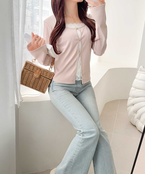 mily bilet（ミウィビレット）の「【mily bilet】重ね着風デザインで華やかに♪ レースキャミ×カーデ フェイクレイヤードトップス（Tシャツ/カットソー・レディース・ピンク/アイボリー/ブラック/グレー・X-LARGE/SMALL/MEDIUM/LARGE）」の9枚目の写真