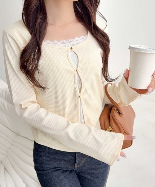 mily bilet（ミウィビレット）の「【mily bilet】重ね着風デザインで華やかに♪ レースキャミ×カーデ フェイクレイヤードトップス（Tシャツ/カットソー・レディース・ピンク/アイボリー/ブラック/グレー・X-LARGE/SMALL/MEDIUM/LARGE）」の11枚目の写真