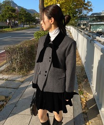 UNE MANSION | 【SETUPアイテム】【取り外し可能なベルベットリボン付き】フロントアシンメトリーボタンツイードジャケット＆ベルベットプリーツミニスカートSET UP(ワンピース)