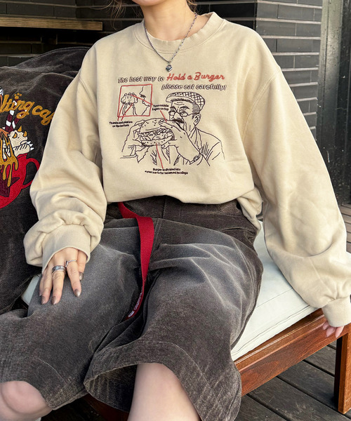 DOUBLE NAME（ダブルネーム）の「grandpa burger刺しゅうプルオーバー（スウェット・レディース・ベージュ/ブラック系/カーキ・FREE）」の9枚目の写真