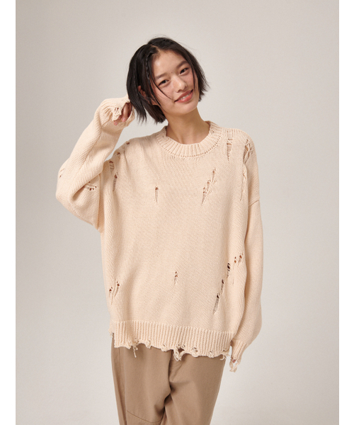 FLATWAVE IN SEOUL(フラットウェーブインソウル)の「Ripsy Vintage Damaged Round Knit Cream(ニット/セーター・メンズ・その他・MEDIUM/LARGE)」の2枚目の写真