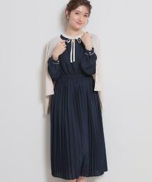 couture brooch | 【ハレの日・通勤】配色シフォンプリーツ ワンピース(ワンピース)