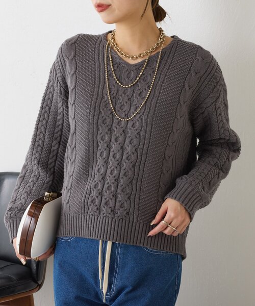 Jena espace merveilleux（ジェナ　エスパスメルヴェイユ）の「ケーブルVネックニット（ニット/セーター・レディース・オフホワイト/チャコールグレー/レモンイエロー・FREE）」の19枚目の写真