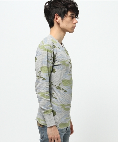 Abiding Aim(アバイディングエイム)の「【JEMORGAN】迷彩総柄ワッフル長袖ヘンリーネックTシャツ(Tシャツ/カットソー・メンズ・グリーン系カモフラージュ/グレー系カモフラージュ・S/M/L/XL)」の4枚目の写真