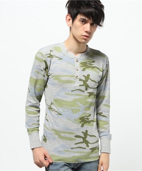 Abiding Aim(アバイディングエイム)の「【JEMORGAN】迷彩総柄ワッフル長袖ヘンリーネックTシャツ(Tシャツ/カットソー・メンズ・グリーン系カモフラージュ/グレー系カモフラージュ・S/M/L/XL)」の3枚目の写真