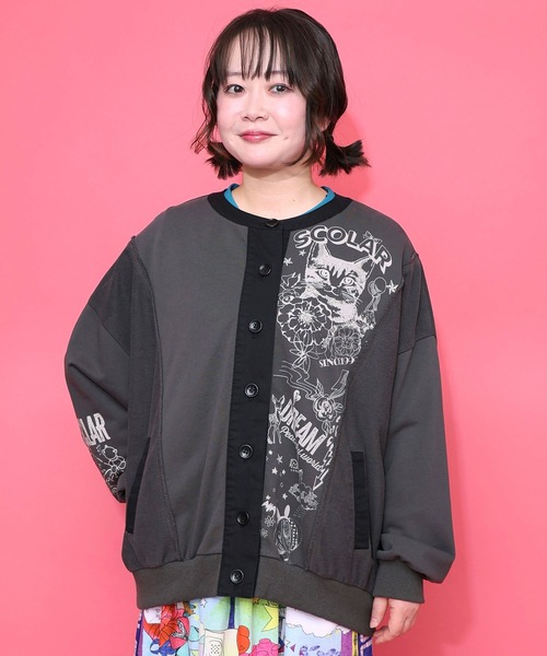 ScoLar（スカラー）の「161612：チョーク風柄裏毛×綿ツイル異素材切替カーディガン（カーディガン/ボレロ・レディース・アイボリー/パープル/チャコールグレー・M）」の3枚目の写真