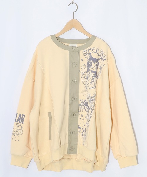 ScoLar（スカラー）の「161612：チョーク風柄裏毛×綿ツイル異素材切替カーディガン（カーディガン/ボレロ・レディース・アイボリー/パープル/チャコールグレー・M）」の2枚目の写真