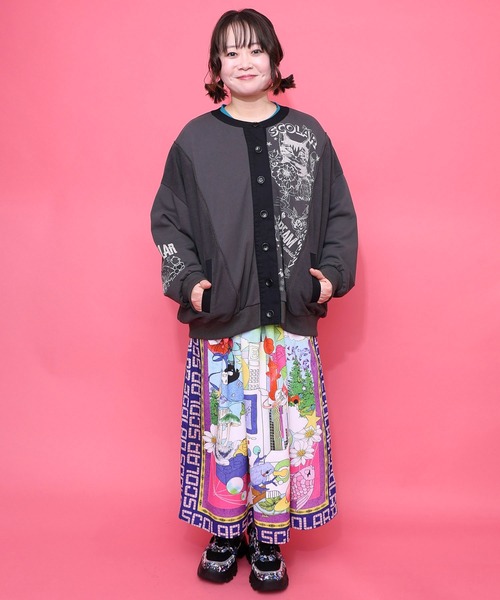 ScoLar（スカラー）の「161612：チョーク風柄裏毛×綿ツイル異素材切替カーディガン（カーディガン/ボレロ・レディース・アイボリー/パープル/チャコールグレー・M）」の4枚目の写真