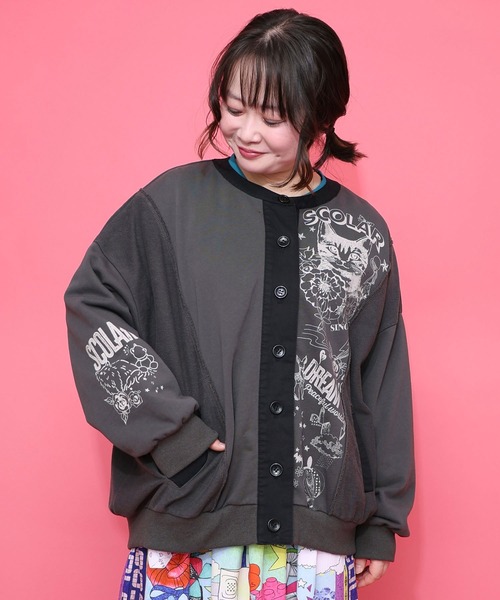 ScoLar（スカラー）の「161612：チョーク風柄裏毛×綿ツイル異素材切替カーディガン（カーディガン/ボレロ・レディース・アイボリー/パープル/チャコールグレー・M）」の5枚目の写真