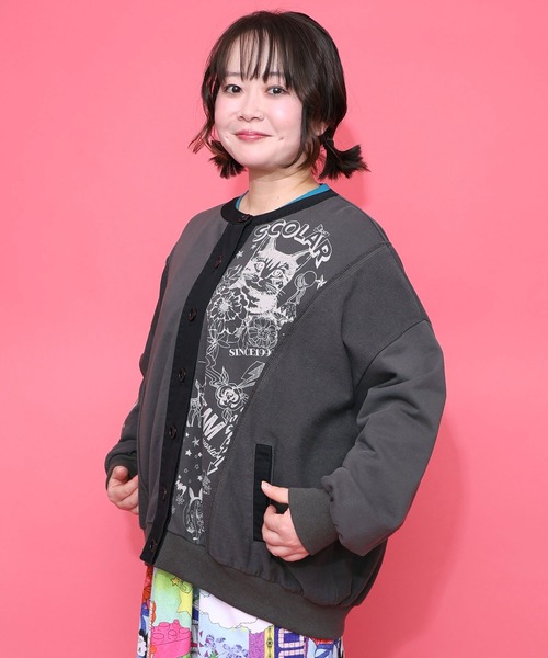 ScoLar（スカラー）の「161612：チョーク風柄裏毛×綿ツイル異素材切替カーディガン（カーディガン/ボレロ・レディース・アイボリー/パープル/チャコールグレー・M）」の6枚目の写真