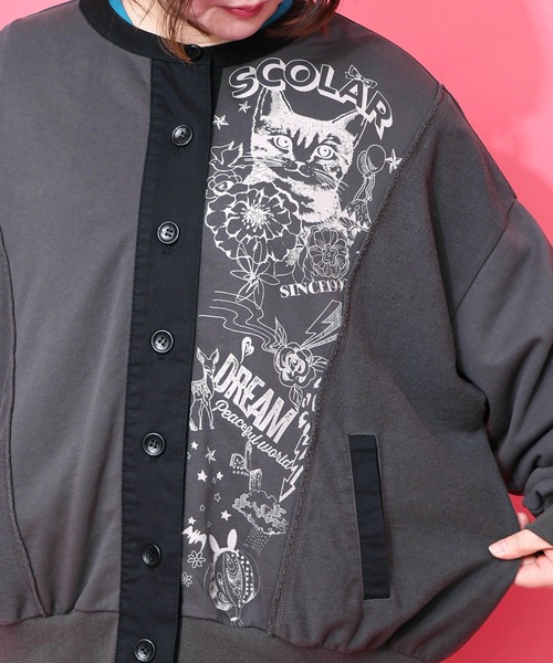 ScoLar（スカラー）の「161612：チョーク風柄裏毛×綿ツイル異素材切替カーディガン（カーディガン/ボレロ・レディース・アイボリー/パープル/チャコールグレー・M）」の10枚目の写真