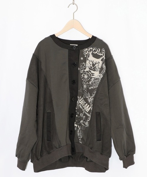 ScoLar（スカラー）の「161612：チョーク風柄裏毛×綿ツイル異素材切替カーディガン（カーディガン/ボレロ・レディース・アイボリー/パープル/チャコールグレー・M）」の12枚目の写真