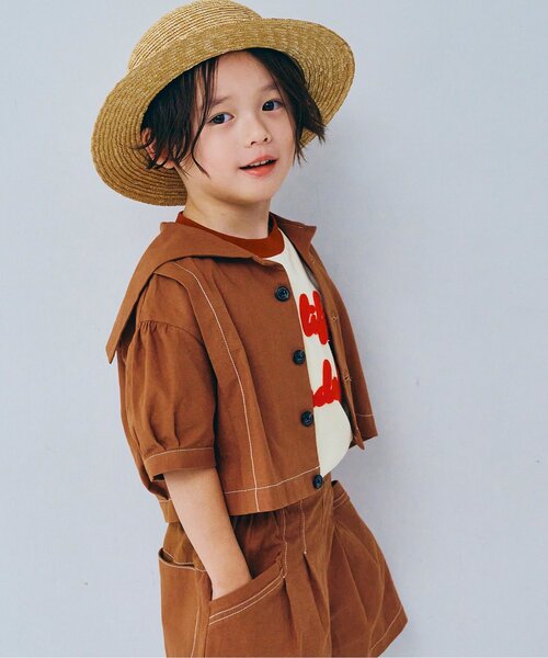 p.premier（ピードットプルミエ）の「セーラー衿の半袖クロップドシャツ（シャツ/ブラウス・キッズ・ブラウン/ストライプ/レッド・120/110/100/90/80/140/130）」の2枚目の写真