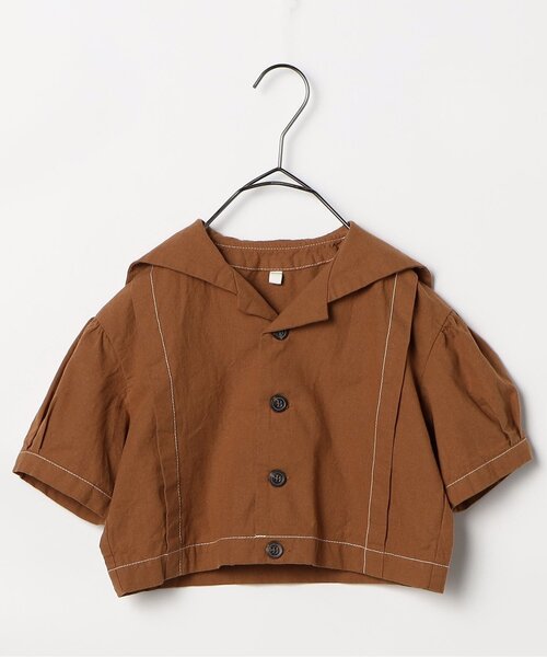 p.premier（ピードットプルミエ）の「セーラー衿の半袖クロップドシャツ（シャツ/ブラウス・キッズ・ブラウン/ストライプ/レッド・120/110/100/90/80/140/130）」の4枚目の写真