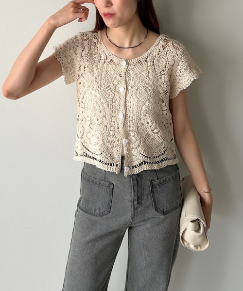 Bab(バブ)の「【羽織にもおすすめ】クロシェ半袖トップス/リボンセット(カーディガン/ボレロ・レディース・ホワイト系その他/ブラック・FREE)」の1枚目の写真