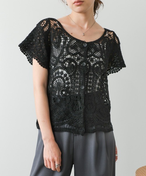 Bab(バブ)の「【羽織にもおすすめ】クロシェ半袖トップス/リボンセット(カーディガン/ボレロ・レディース・ホワイト系その他/ブラック・FREE)」の2枚目の写真