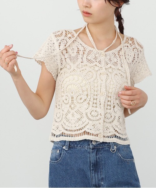 Bab(バブ)の「【羽織にもおすすめ】クロシェ半袖トップス/リボンセット(カーディガン/ボレロ・レディース・ホワイト系その他/ブラック・FREE)」の11枚目の写真