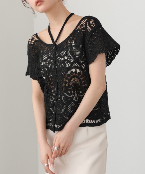 Bab(バブ)の「【羽織にもおすすめ】クロシェ半袖トップス/リボンセット(カーディガン/ボレロ・レディース・ホワイト系その他/ブラック・FREE)」の12枚目の写真