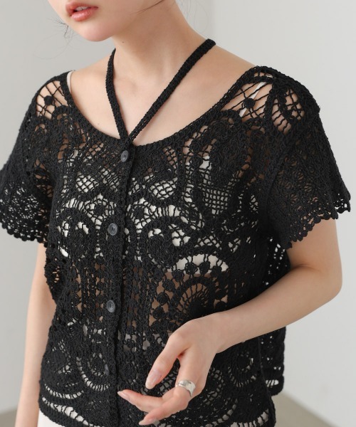 Bab(バブ)の「【羽織にもおすすめ】クロシェ半袖トップス/リボンセット(カーディガン/ボレロ・レディース・ホワイト系その他/ブラック・FREE)」の14枚目の写真