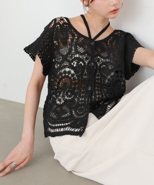 Bab(バブ)の「【羽織にもおすすめ】クロシェ半袖トップス/リボンセット(カーディガン/ボレロ・レディース・ホワイト系その他/ブラック・FREE)」の18枚目の写真