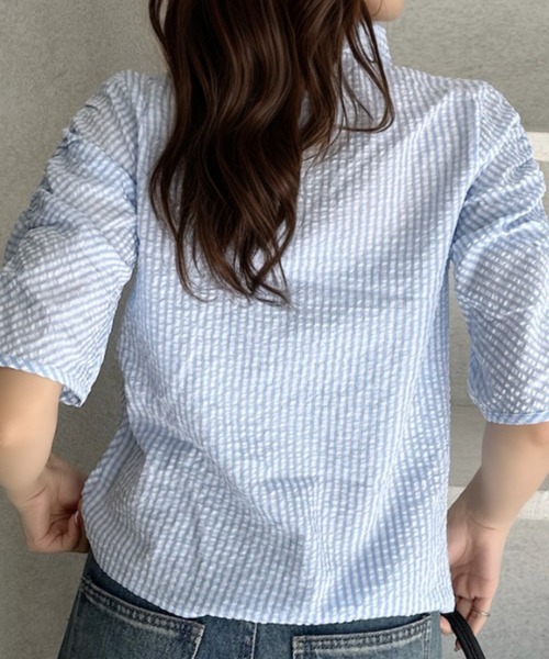 umune(ウムネ)の「ギンガムチェックシャツ シャーリング ギャザー パフスリーブ 半袖 半袖シャツ 襟付き コンパクト 細見え レトロ カジュアル 春夏(シャツ/ブラウス・レディース・ライトブルー/ブラック/ベージュ・FREE)」の6枚目の写真