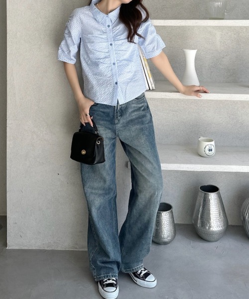umune(ウムネ)の「ギンガムチェックシャツ シャーリング ギャザー パフスリーブ 半袖 半袖シャツ 襟付き コンパクト 細見え レトロ カジュアル 春夏(シャツ/ブラウス・レディース・ライトブルー/ブラック/ベージュ・FREE)」の7枚目の写真