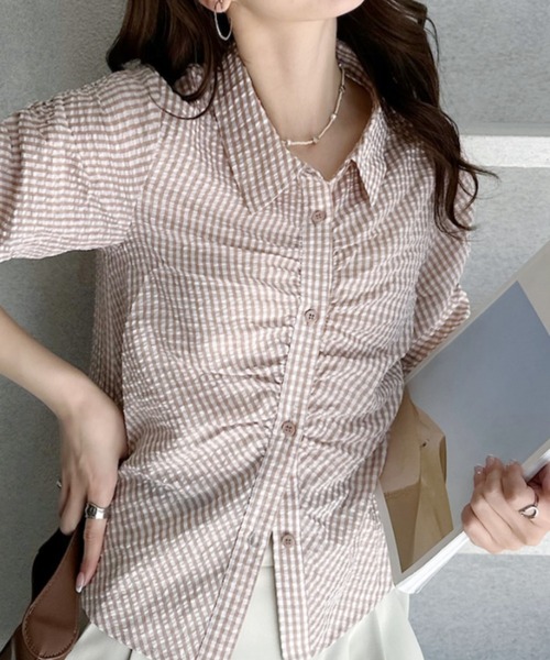 umune(ウムネ)の「ギンガムチェックシャツ シャーリング ギャザー パフスリーブ 半袖 半袖シャツ 襟付き コンパクト 細見え レトロ カジュアル 春夏(シャツ/ブラウス・レディース・ライトブルー/ブラック/ベージュ・FREE)」の13枚目の写真