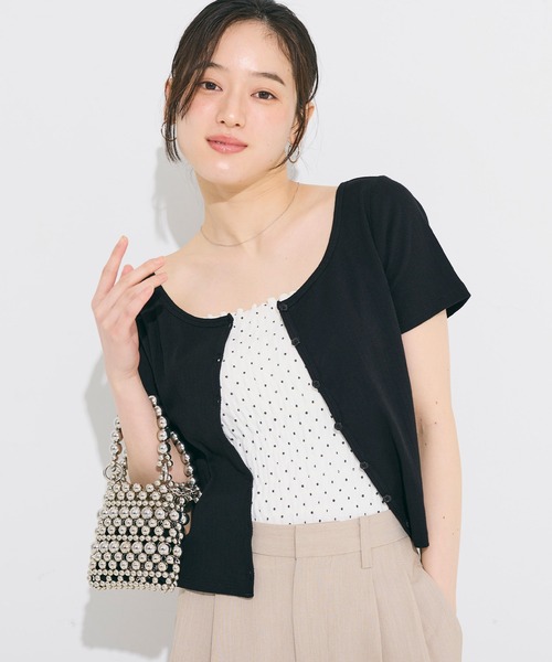 coca(coca)(コカ)の「リブ半袖カーディガン(カーディガン/ボレロ・レディース・グレー/ブラック・M/L/S)」の1枚目の写真