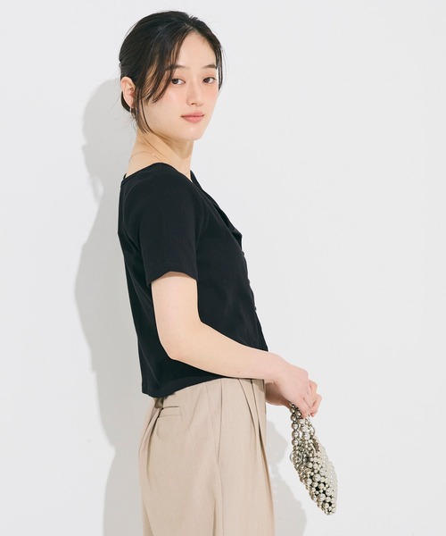 coca(coca)(コカ)の「リブ半袖カーディガン(カーディガン/ボレロ・レディース・グレー/ブラック・M/L/S)」の4枚目の写真