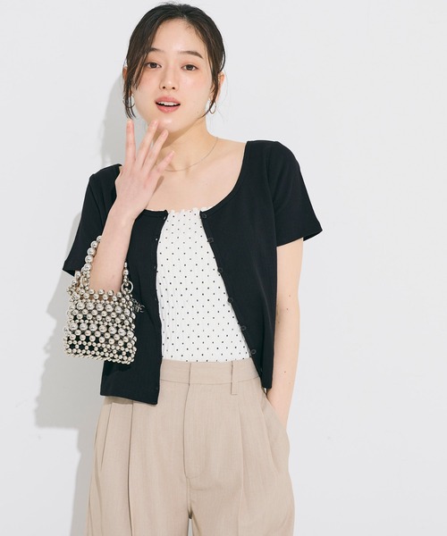 coca(coca)(コカ)の「リブ半袖カーディガン(カーディガン/ボレロ・レディース・グレー/ブラック・M/L/S)」の8枚目の写真