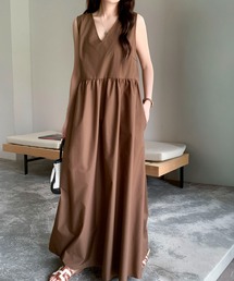 【26年春夏新作】3 色展開 ノースリーブ V ネック ギャザーマキシワンピース レディース ゆったり 体型カバー