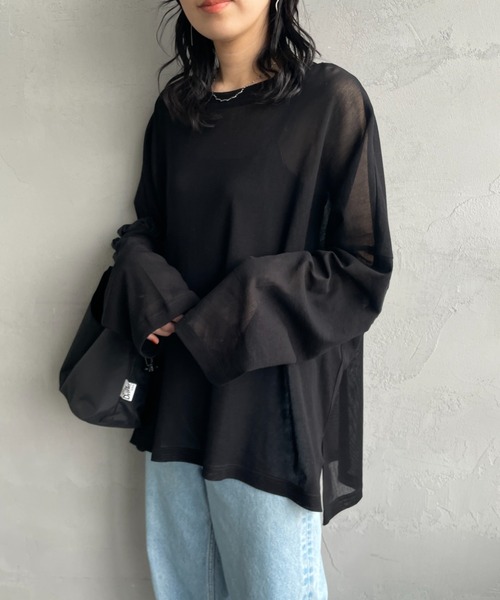 mizuiroind（ミズイロインド）の「【WEB限定】[mizuiro ind/ミズイロインド] メッシュニット ワイドシルエット ロングスリーブTシャツ（Tシャツ/カットソー・レディース・ブラック/ネイビー・F）」の4枚目の写真
