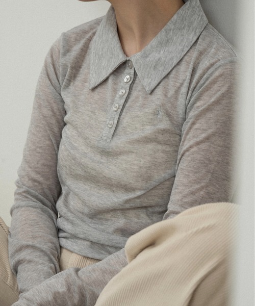 lawgy（ラウジー）の「sheer logo compact polo tops / シアーロゴコンパクトポロトップス（Tシャツ/カットソー・レディース・ヘザーグレー/アイボリー/ピンク系・FREE）」の2枚目の写真