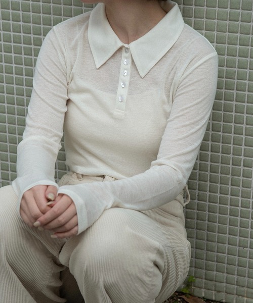 lawgy（ラウジー）の「sheer logo compact polo tops / シアーロゴコンパクトポロトップス（Tシャツ/カットソー・レディース・ヘザーグレー/アイボリー/ピンク系・FREE）」の5枚目の写真