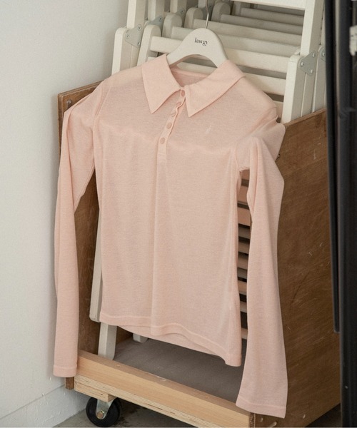 lawgy（ラウジー）の「sheer logo compact polo tops / シアーロゴコンパクトポロトップス（Tシャツ/カットソー・レディース・ヘザーグレー/アイボリー/ピンク系・FREE）」の8枚目の写真