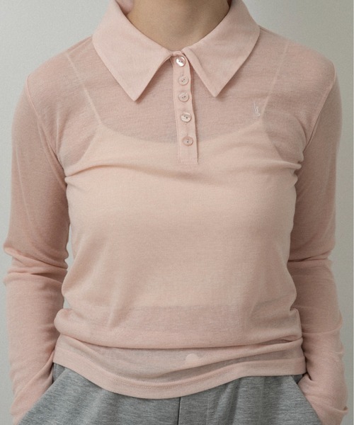 lawgy（ラウジー）の「sheer logo compact polo tops / シアーロゴコンパクトポロトップス（Tシャツ/カットソー・レディース・ヘザーグレー/アイボリー/ピンク系・FREE）」の7枚目の写真